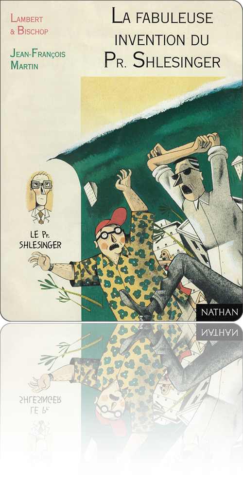 couverture représentant un touriste et un savant fou qui fuient devant l'avancée des immeubles volants