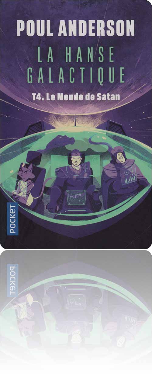 couverture dans les tons de vert et de violet représentant deux humains, un félidé et un dragon sur le pont d'un vaisseau spatial