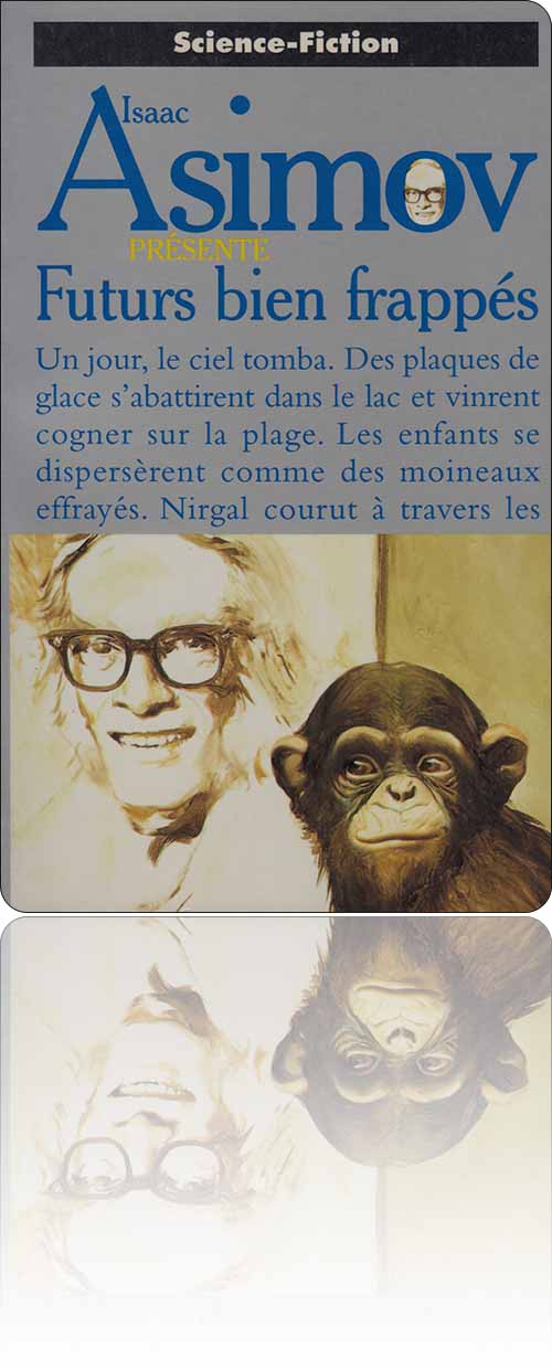 couverture dans les tons de sienne représentant un chimpanzé devant le chevalet où est posé le portrait d'Isaac Asimov sur lequel il travaille
