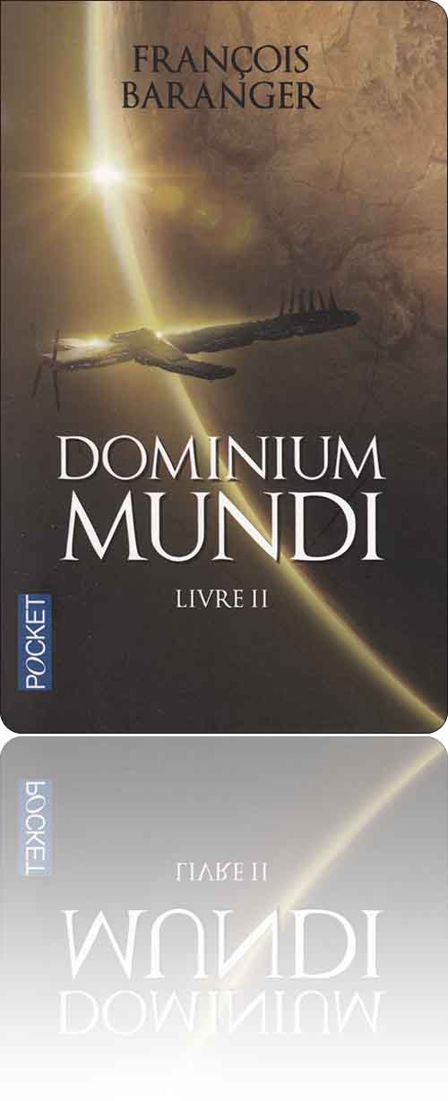 couverture dans les tons or représentant un vaisseau spatial en orbite autour d'une planète au soleil levant