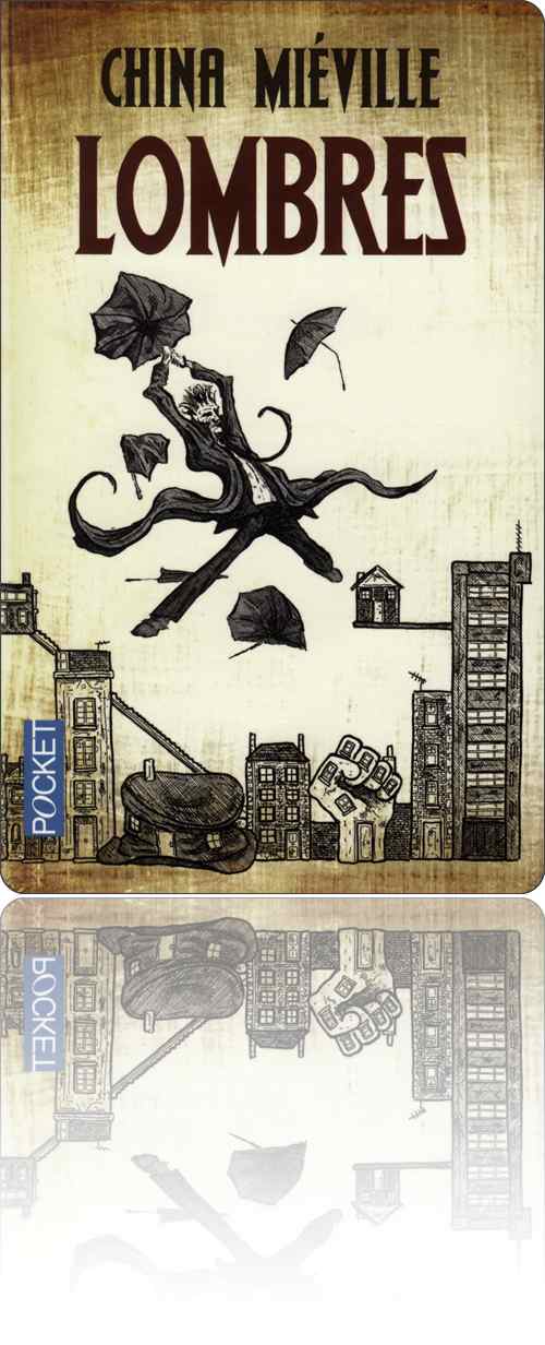 couverture représentant un homme qui s'envole par grand vent au-dessus des immeubles étranges de la ville, accroché à son parapluie