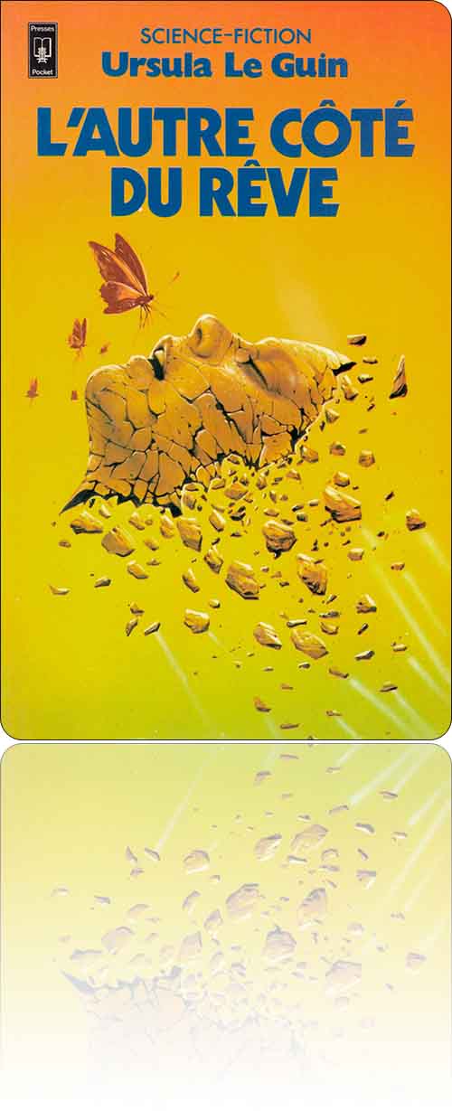 couverture dans les tons de jaune représentant un visage féminin pierreux qui se fragmente sous le regard des papillons
