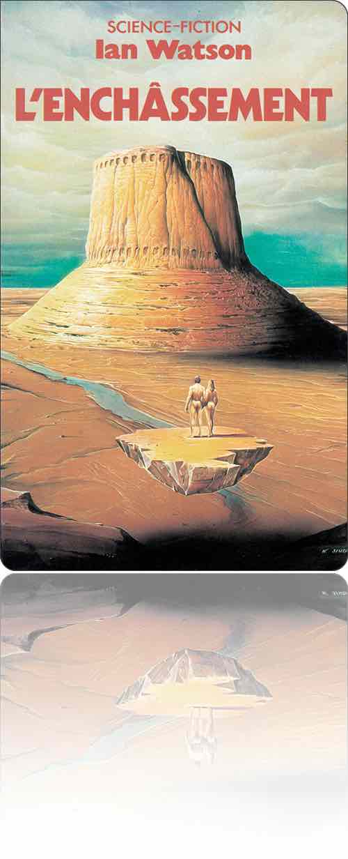 couverture dans les tons de marron représentant un couple nu debout sur un rocher flottant qui s'approche des restes fossilisés d'une tour de l'anthropocène