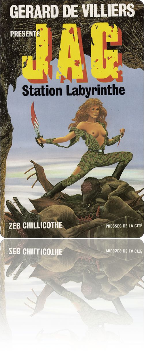 couverture représentant une femme dépoitraillée en tenue de camouflage qui vient d'exterminer à l'arme blanche quelques humanoïdes à tête de crocodile