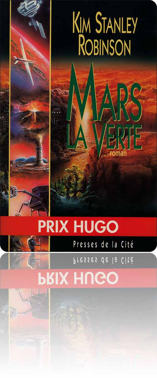 couverture dans les tons de rouge représentant quelques scènes de la terraformation de Mars, au sol, dans les airs et dans l'espace