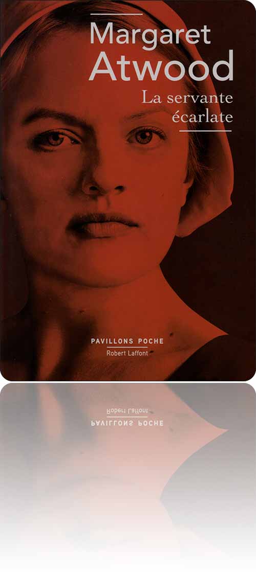 couverture uniformément rouge présentant la photographie du visage d'Elisabeth Moss en servante médiévale à bonnet