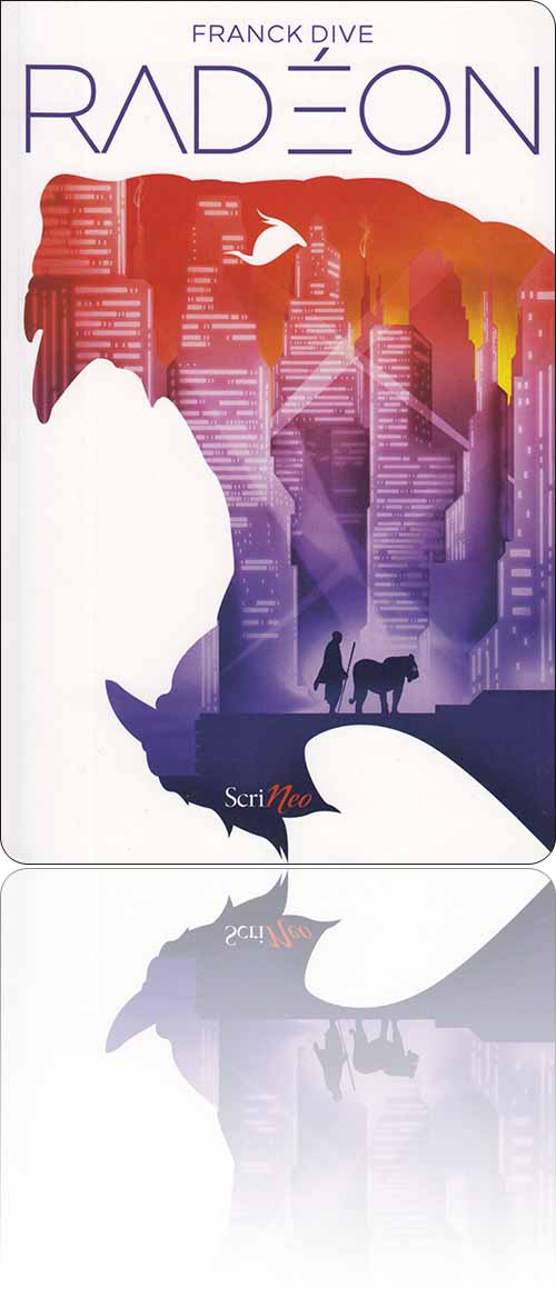 couverture dans les tons d'orange et de violet représentant un félin et son bonze au pied des immeubles de la ville