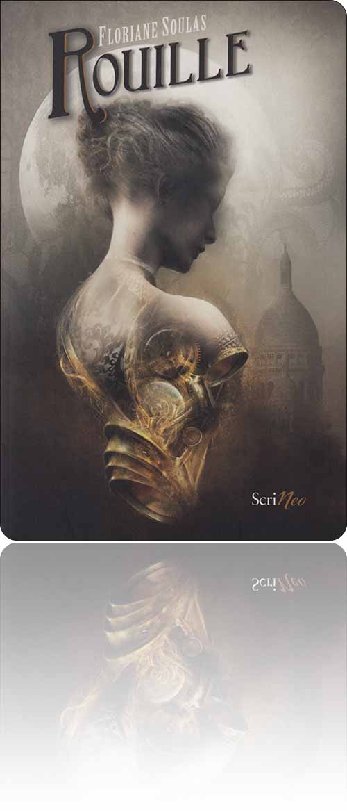 couverture dans les tons de gris et d'or représentant un buste semi-artificiel d'une jeune femme de la Belle Époque