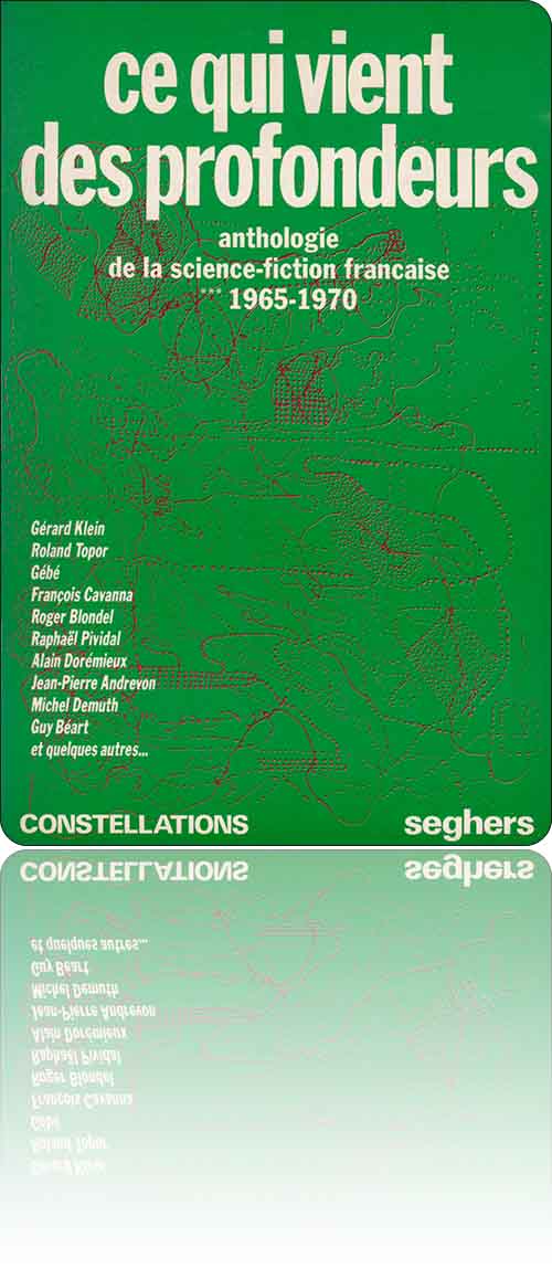 couverture sur fond vert non figurative présentant un entrelacement de lignes pointillées