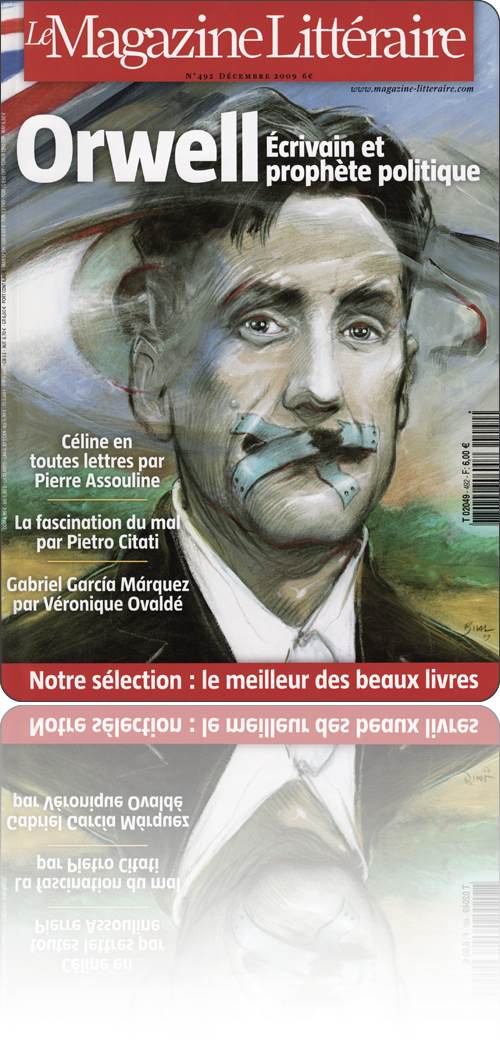 couverture représentant George Orwell en buste sous l'œil de Big Brother, le bâillon qui l'empêche de parler commençant à se déchirer…