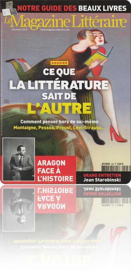 couverture représentant un couple qui, grâce à la lecture simultanée du même livre, enjambe métaphoriquement et de concert la planète par la puissance de l'imagination