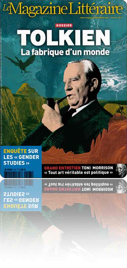 couverture représentant en buste J.R.R. Tolkien fumant la pipe au “milieu” d'un paysage qui évoque ses œuvres
