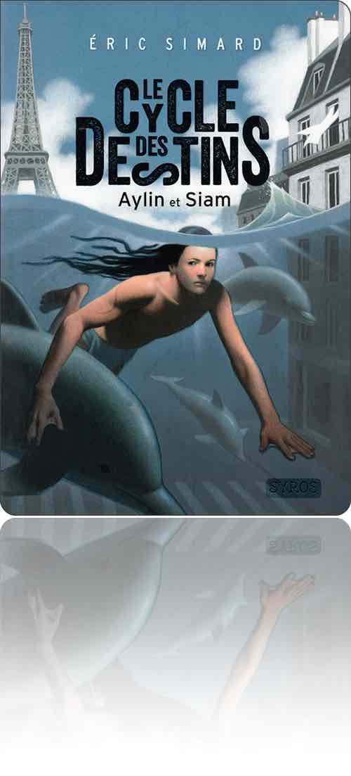 couverture dans les tons de bleu représentant un jeune homme sous l'eau et parmi les dauphins dans les rues submergées de Paris