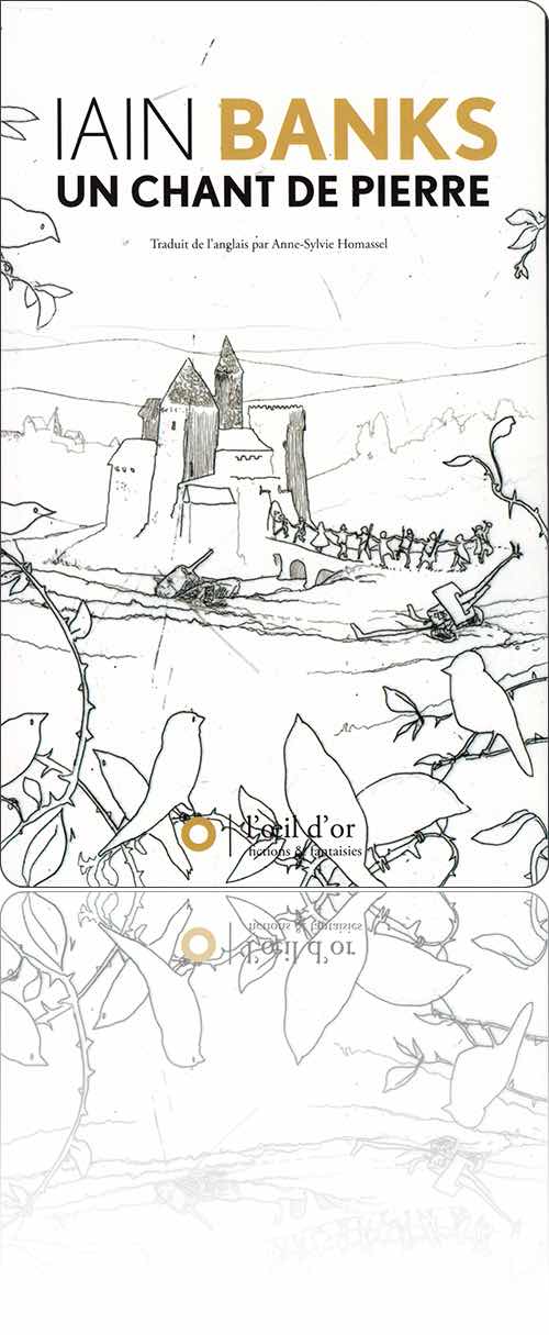 couverture en noir et blanc représentant, sous l'œil d'or des oiseaux, une farandole de civils et de soldats qui rejoint l'abri du château, abandonnant dans la campagne l'artillerie environnante