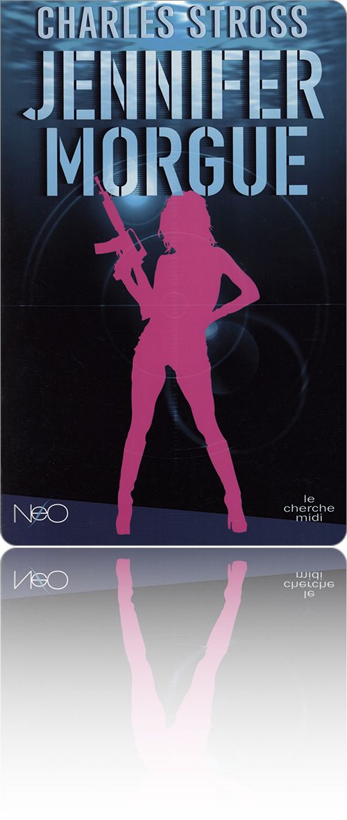 couverture représentant une jeune femme armée d'un fusil-mitrailleur, sur talons hauts et en short ajusté, dont on ne voit que la silhouette rose sur fond bleu