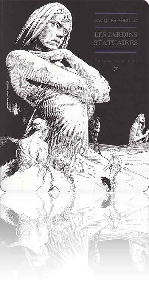 couverture représentant quelques bustes de statues gigantesques qui émergent du sable où elles poussent, deux personnages s'y intéressant de plus près