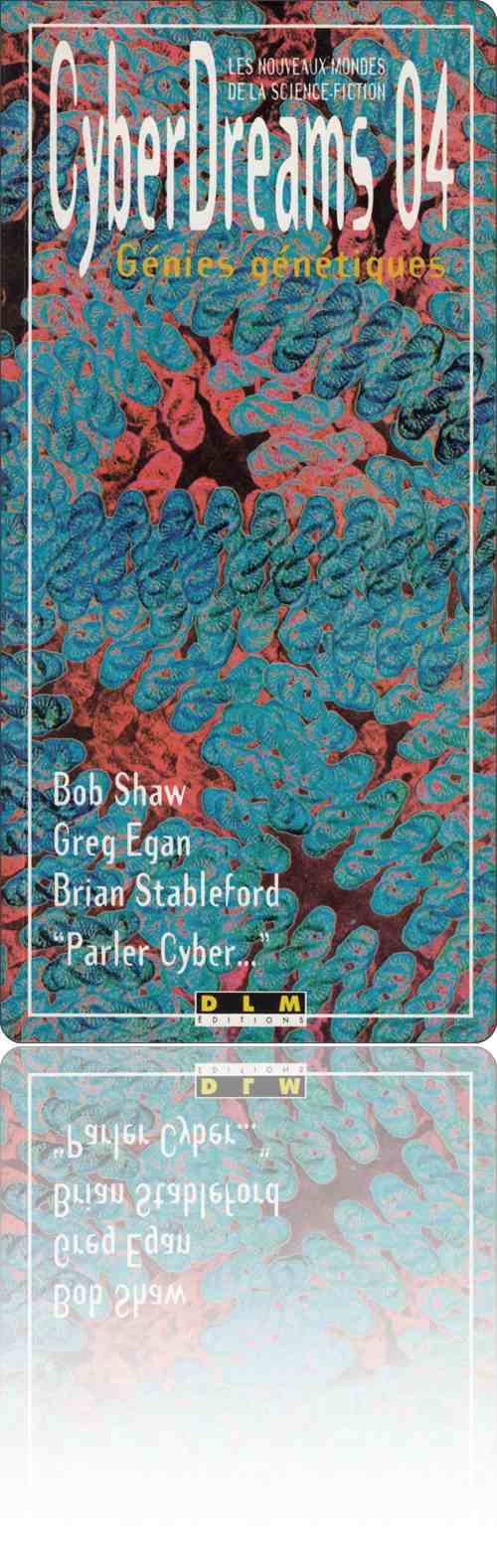 couverture non figurative dans les tons de bleu et de rouge dont les fractales font penser à un coquillage