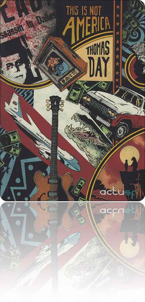 couverture dans les tons colorés représentant quelques artefacts de la vie américaine des années soixante