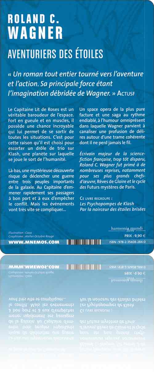 couverture dans des tons uniformément bleus représentant un homme en combinaison décorée devant lequel passe un très petit engin volant, à moins qu'il ne s'agisse d'un géant et d'un vaisseau de taille normale