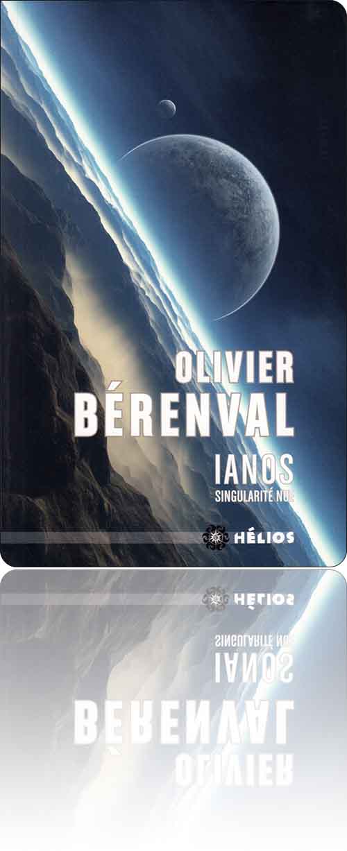 couverture dans les tons de bleu représentant une planète et son satellite qui se lèvent à l'horizon nuageux qui surplombe les montagnes