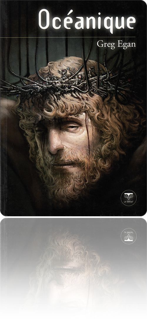 couverture représentant le visage d'un christ dont la couronne d'épines électronique est branchée sur diverses arrivées filaires qui tombent du Ciel