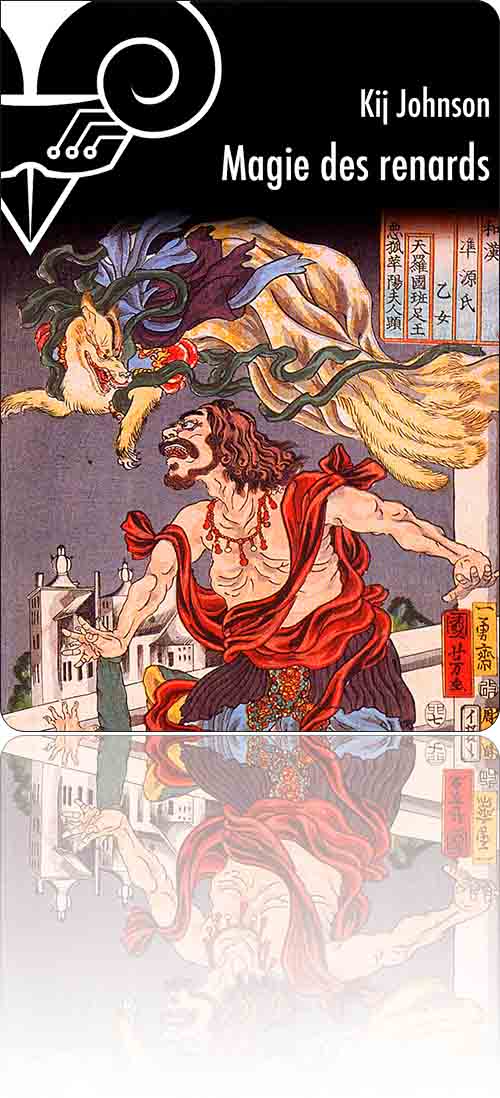 couverture représentant sous forme d'estampe japonaise sur bois un homme aux prises avec l'esprit volant du renard