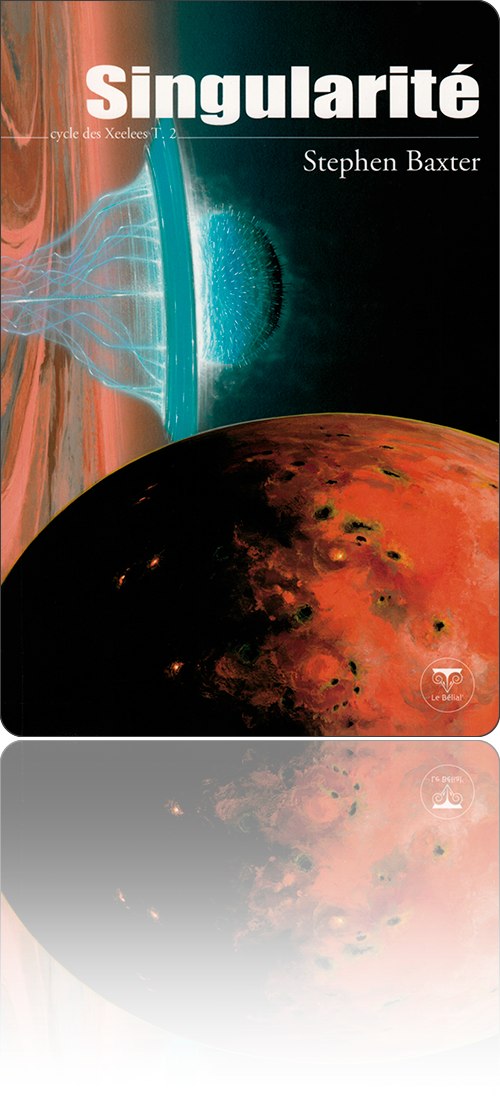 couverture représentant un objet échinoderme à l'embouchure d'un trou de ver dans l'espace et derrière une planète à l'aspect lunaire