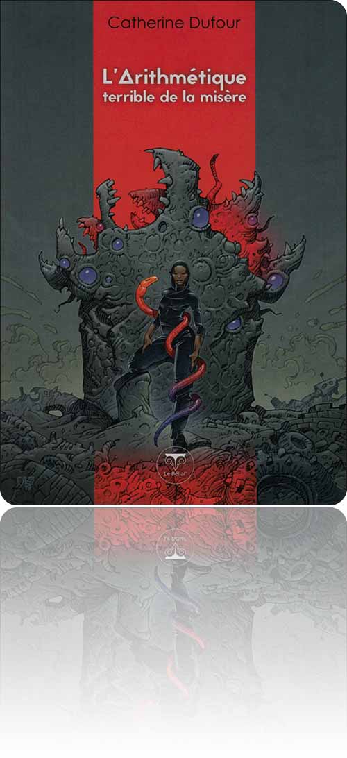 couverture dans les tons de gris et de rouge représentant une jeune femme enlacée par un serpent au pied d'un monstre composite