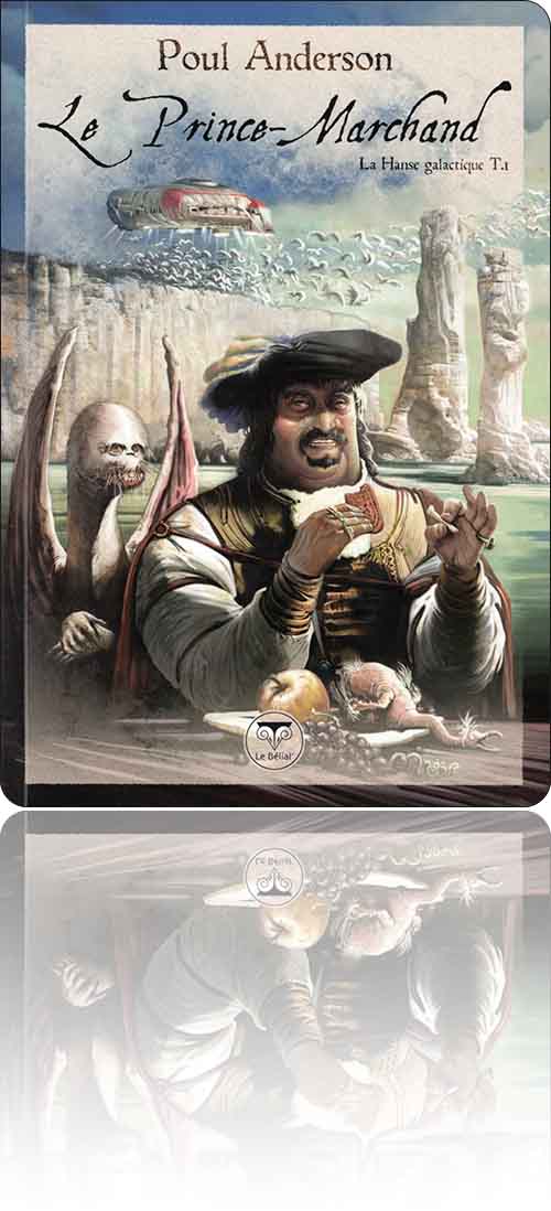 couverture dans les tons pastel représentant un prince-marchand à table tandis que son conseiller extraterrestre se maintient en retrait