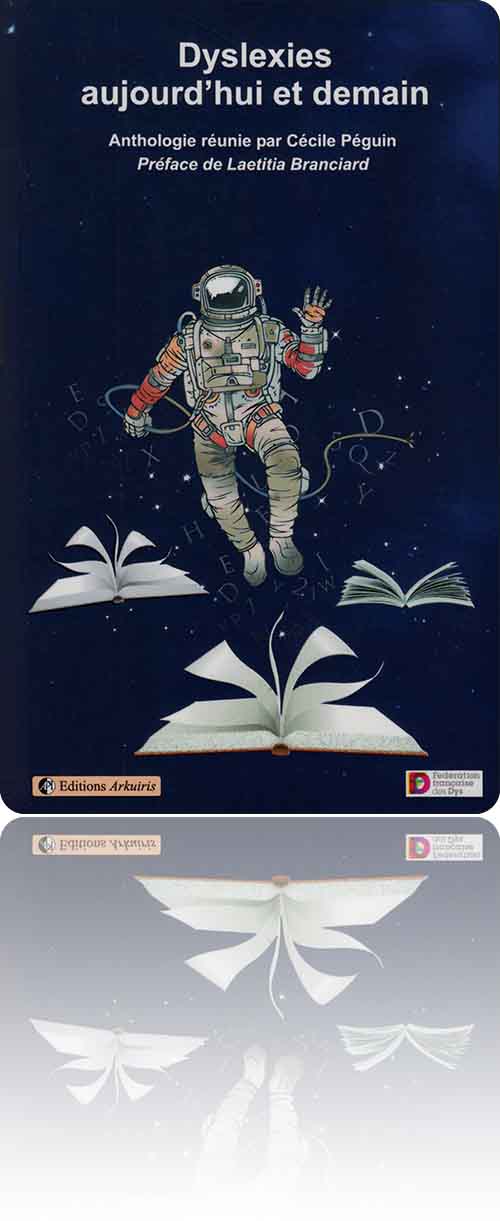 couverture sur fond marine représentant un personnage métaphorique en combinaison spatiale qui accompagne une escadrille de livres blancs