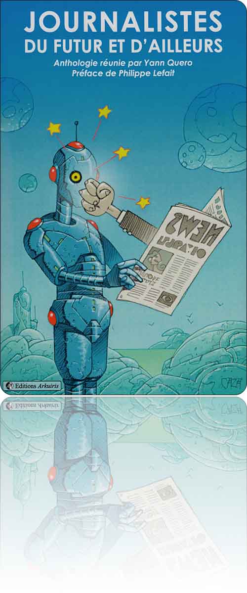 couverture dans les tons turquoise représentant un robot qui lit un journal, lequel contient manifestement des informations coup de poing