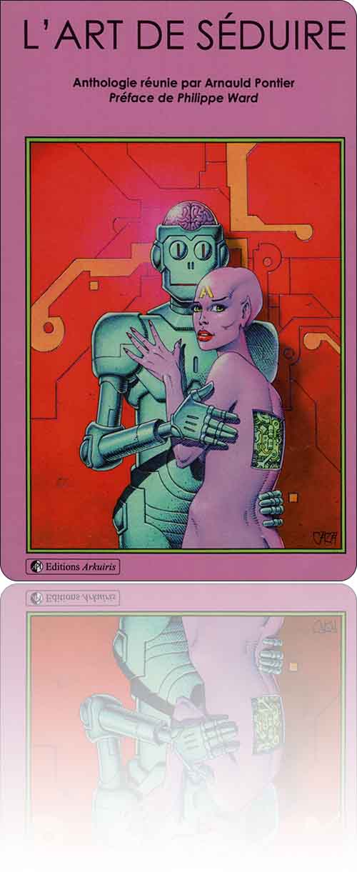 couverture dans les tons de rouge et de vert représentant un robot au cerveau humain qui serre contre lui une humaine aux organes internes robotiques