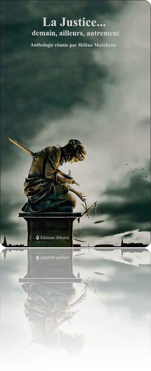 couverture dans les tons de vert représentant la Justice pourfendue par une épée sur son piédestal et qui en lâche presque son fléau et sa balance