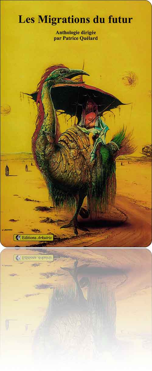 couverture représentant, juchée sur une sorte d'émeu, une femme au buste nu cramoisi malgré le parasol qui la protège du soleil qui plombe un désert jaune à la couleur du ciel