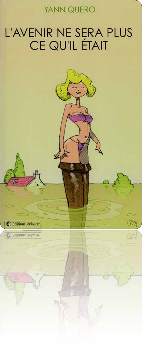 couverture dans les tons de vert représentant une jeune femme en bottes et maillot de bain qui circule dans les environs d'un hameau très inondé