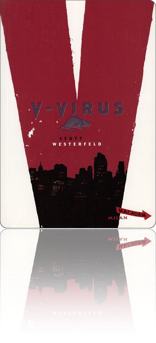 couverture présentant un V rouge sur fond blanc qui s'affiche sur les lumières de la ville