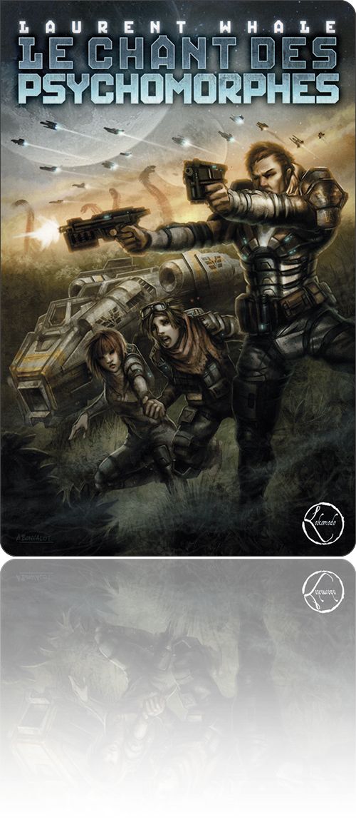 couverture représentant trois personnages à côté d'un vaisseau spatial atterri (deux femmes à genoux et un homme debout les armes brandies), tandis qu'au-dessus des intercepteurs filent dans un ciel en grande partie occupé par une autre planète