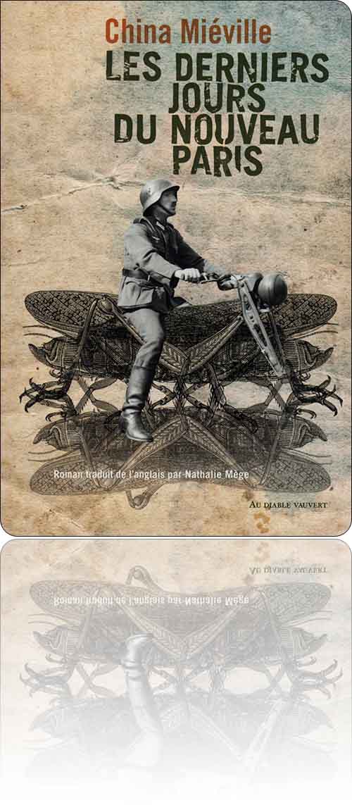 couverture sur fond de sable représentant un soldat allemand de la Deuxième Guerre mondiale à cheval sur un cyborg insecte/motocyclette